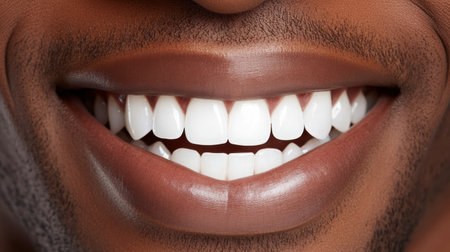 A close-up view captures the joyful expression of a man showcasing a dazzling smile. The image highlights bright, white teeth against smooth skin, embodying confidence and happiness.の素材