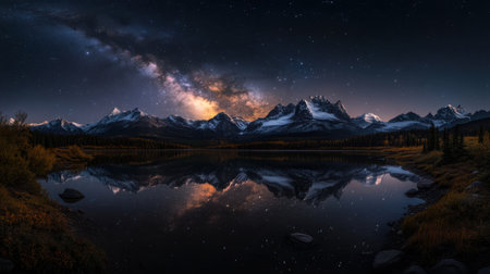 Majestic mountains tower under a starry night sky, their peaks dusted with snow. A calm lake mirrors the vibrant Milky Way, creating a stunning blend of nature's beauty and cosmic wonder.の素材