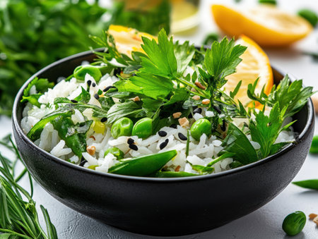 A beautiful bowl of fluffy rice mixed with fresh herbs and green peas sits on a kitchen counter. Zesty lemon slices add a burst of color, enticing the senses with vibrant flavors.の素材