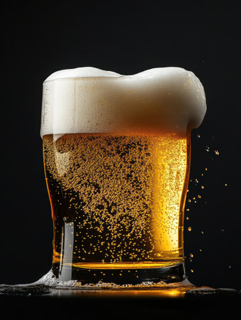A refreshing glass of golden beer overflows with frothy foam, creating sparkling bubbles against a dramatic dark background, inviting cheers and laughter.の素材