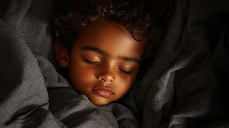 A young child sleeps peacefully, wrapped in cozy blankets. The soft light casts a warm glow, enhancing the tranquility of this serene moment lost in dreams and imagination.の素材