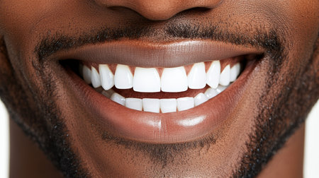 This close-up showcases a vibrant smile, highlighting perfect teeth and a well-groomed beard. The natural light enhances the warmth of the expression, inviting happiness and approachability.の素材