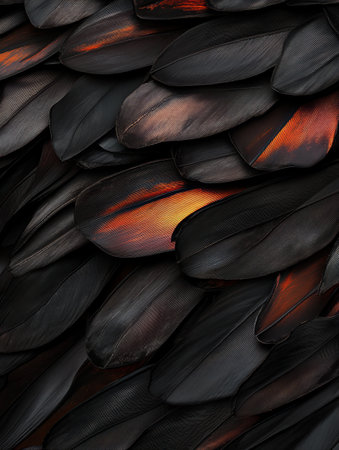 Layers of black feathers intertwine gracefully, showcasing hints of warm orange and red tones that create an enchanting contrast.の素材