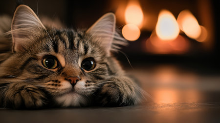 A playful cat rests comfortably on a soft surface, gazing curiously towards a glowing fireplace. The warm light creates an inviting atmosphere, perfect for a cozy winter night at home.の素材