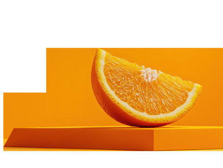 A vibrant slice of orange balances on a striking orange platform, highlighting its juicy texture and vivid color. The composition emphasizes freshness and creativity in food presentation.の素材