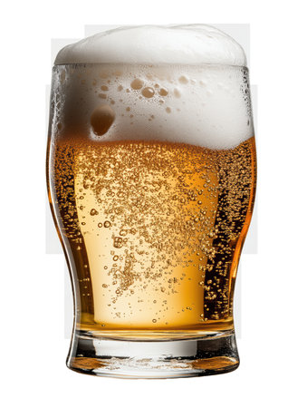 A tall glass brimming with golden beer showcases a frothy white head, sparkling bubbles rising to the surface. Perfect for enjoying with friends on a warm day.の素材