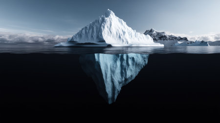 A stunning iceberg towers above tranquil waters, with its blue underside partially submerged, hinting at the vastness below. The breathtaking scenery captures the essence of the polar wilderness.の素材