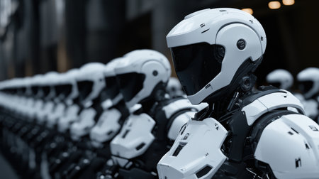 Clusters of white and black robots stand in perfect alignment, reflecting light from the sleek surroundings. Their advanced design hints at a future where technology reigns supreme, inspiring awe.の素材