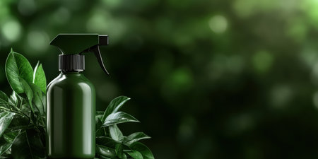 A green spray bottle rests elegantly among vibrant green leaves, representing a commitment to eco-friendly gardening. It's a sign of passion for sustainable plant care and nurturing nature.の素材
