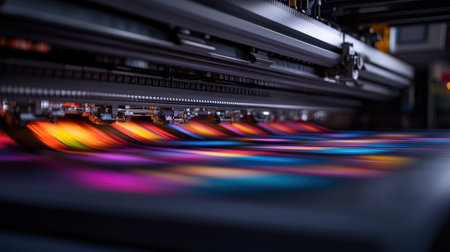 In a bustling printing facility, vivid sheets roll off the presses, showcasing a mesmerizing spectrum of colors that reflects modern artistry.の素材