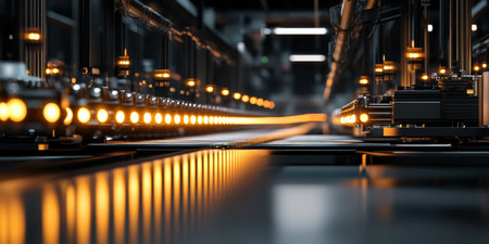 In a sleek factory environment, rows of machines come to life with glowing lights as they work tirelessly.の素材