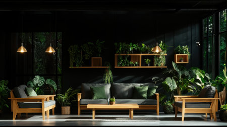 Sunlight streams through large windows, illuminating a stylish lounge space adorned with sophisticated wooden furnishings. Lush green plants surround the area, offering a tranquil retreat.の素材