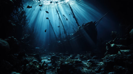 Beneath the surface, a sunken ship rests in tranquil waters, illuminated by beams of light filtering through the ocean.の素材