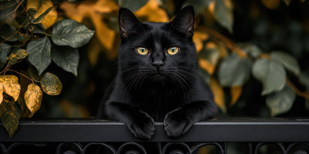 In a serene garden, a stunning black cat lounges on a decorative railing, gazing intently at its surroundings. Autumn leaves add warmth and color to the peaceful environment.の素材