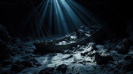 An abandoned vessel rests silently on the ocean floor, shrouded in mystery. Soft beams of light penetrate the dark waters, creating an enchanting ambiance around the wreck.の素材