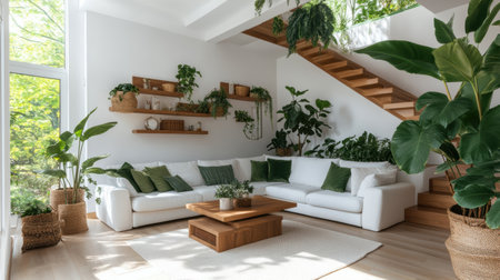 A bright and airy living room features a plush white sofa adorned with green cushions.の素材