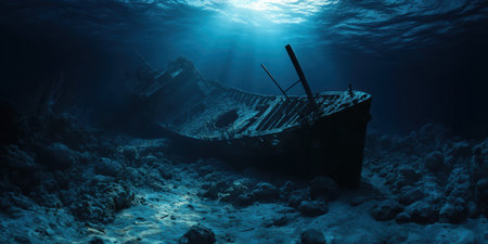 A shipwreck rests silently on the ocean floor, surrounded by coral and marine flora. Sunbeams pierce through the water, creating an ethereal glow around this forgotten vessel.の素材