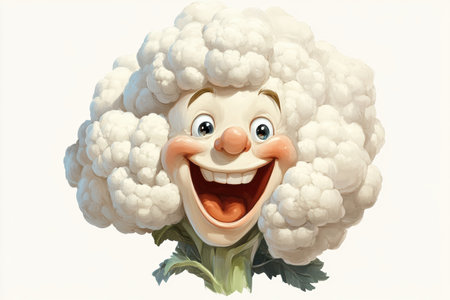 Bright and cheerful, this adorable cauliflower character beams with joy. Its fluffy white florets frame a face full of life, radiating happiness against a soft, creamy backdrop.の素材