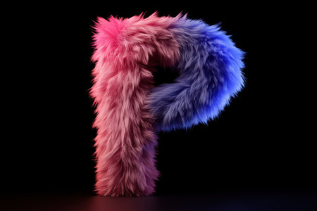A plush letter P showcases a warm and cool gradient, elevated against a smooth background. Studio lighting accentuates the fur texture, making it ideal for modern branding and artistic projects.の素材