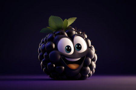 A joyful blackberry with glossy drupelets boasts a wide smile and sparkling eyes, surrounded by a rich purple-black gradient, radiating happiness in a whimsical cartoon style.の素材
