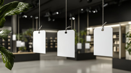 Blank price tags dangle from a string, inviting creativity in a modern store. The blurred background hints at an elegant shopping environment filled with potential.の素材