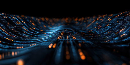 Glowing arrays of binary numbers flow continuously in hues of blue and orange, embodying the essence of digital technology and data processing in a captivating abstract landscape.の素材