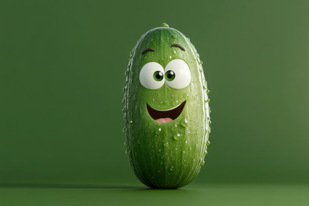 The cartoon cucumber stands proudly against a lively green backdrop, displaying big, expressive eyes and a wide smile. Small water droplets glisten on its skin, enhancing its cheerful vibe.の素材
