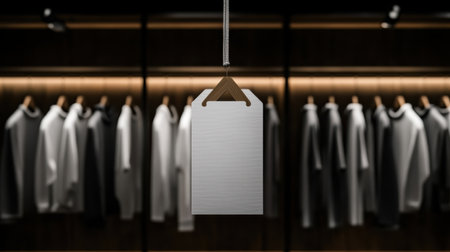 A blank tag sits prominently in a contemporary retail store, suspended against a backdrop of softly blurred clothes hanging on racks, highlighting a minimalistic shopping experience.の素材