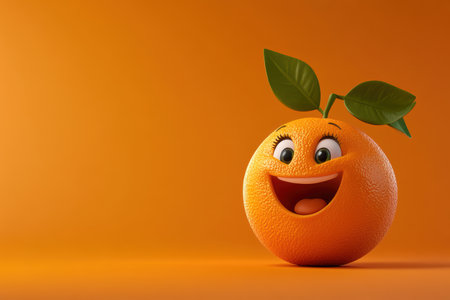 This adorable orange with a bumpy textured skin beams joyfully with big round eyes and a wide smile. Set against a warm gradient, it radiates cheerfulness and fun, perfect for any playful theme.の素材