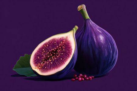 A charming fig showcases its deep purple exterior and delightful smile, with a cross-section displaying bright red pulp and tiny seeds, all set against a rich purple background.の素材