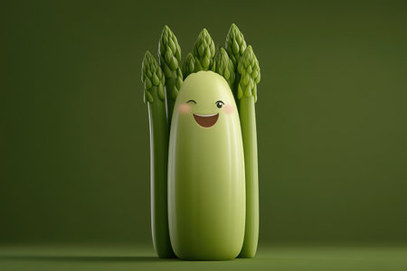 This cheerful asparagus spear stands proudly against a soft pastel green backdrop, showcasing its tiny eyes and broad grin. A delightful character radiating happiness and positivity.の素材