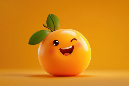 This cheerful apricot radiates happiness with its round golden-orange body, tiny green leaf, sparkling eyes, and gentle smile. Set against a soft yellow backdrop, it exudes positivity and warmth.の素材