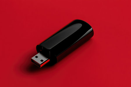 This sleek black and red USB flash drive rests elegantly on a bright red surface, showcasing its modern design and enticing contrast. Perfect for stylish data storage with flair.の素材
