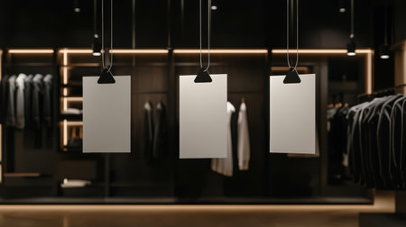 In a contemporary retail environment, blank tags dangle from elegant fixtures, ready for pricing or messaging. Softly blurred racks of fashionable clothing create a stylish backdrop for shopping.の素材