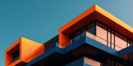 Modern building adorned with striking orange and blue facades stands tall against the backdrop of a clear sky, showcasing contemporary design and vibrant aesthetics in an urban setting.の素材
