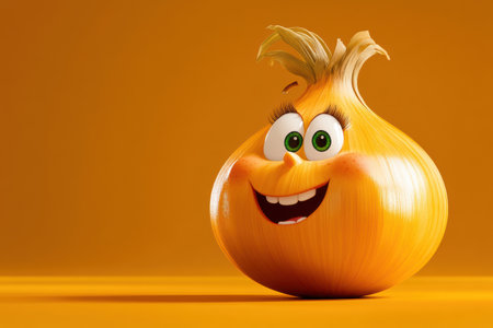 A joyful onion with soft layers and cute, teary eyes beams with happiness. It stands out against a warm golden gradient, radiating positivity and charm in a whimsical cartoon style.の素材