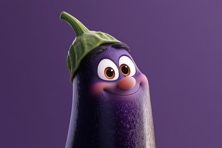 This adorable eggplant features a playful smirk and vibrant purple hues, standing out against a lilac-to-purple backdrop. Its green stem resembles a quirky little hat, adding charm.の素材