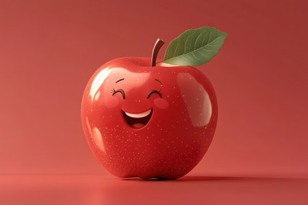 A vibrant apple with glossy red skin and a charming smile brings joy to the scene. It sits gracefully against a soft pink-red gradient, exuding happiness with its cute face.の素材