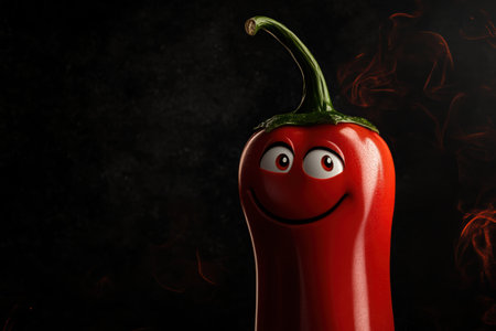 With a cheeky grin and exaggerated form, the chili pepper plays against a dark, smoky backdrop, radiating a playful and fiery personality that ignites the imagination.の素材