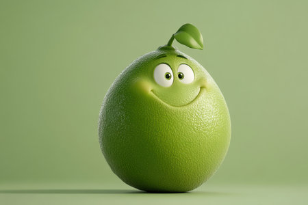 A cheerful lime with a shiny surface and round shape grins widely. Its playful wink and vibrant green background create a fun, lively atmosphere, perfect for brightening any space.の素材