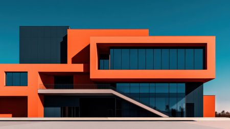 A striking modern building features an eye-catching orange and blue facade, highlighting innovative design elements beneath a bright, cloudless sky. A perfect blend of art and function.の素材