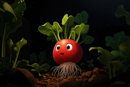 A delightful radish stands against a dark backdrop, showcasing its vibrant round body and playful expression. Its large eyes and leafy greens create a whimsical charm in this enchanting environment.の素材