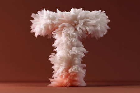 A fluffy letter T features a soft fur texture with a harmonious gradient in warm and cool tones. It stands elevated against a neutral background, beautifully lit to highlight its unique depth.の素材