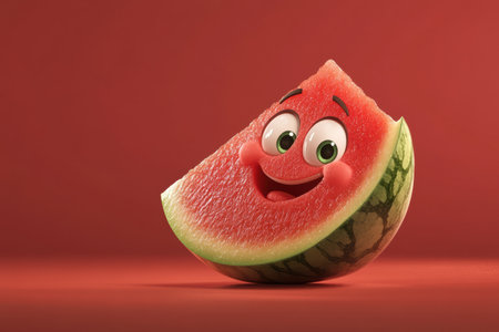 A joyful watermelon slice beams with big sparkling eyes and a friendly smile, showcasing its juicy texture and tiny black seeds, set in a vibrant red-pink backdrop that enhances its charm.の素材