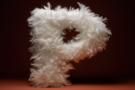 A fluffy letter P showcases a voluminous fur texture, blending warm and cool tones. Elevated against a smooth background, it serves as a unique element for modern branding and creative projects.の素材