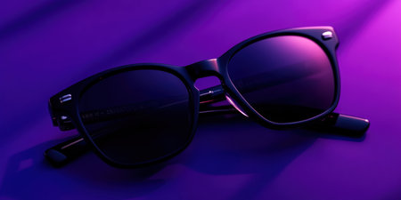 Stylish glasses featuring striking purple lenses rest on a bold purple surface, creating a modern aesthetic that captivates the eye and highlights their unique design. Ideal for fashion lovers.の素材