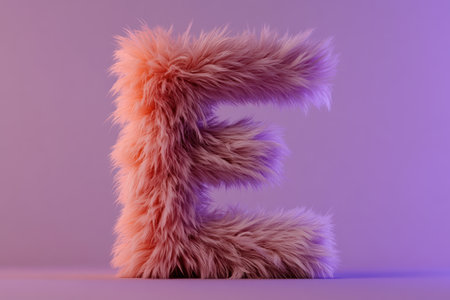 Soft and voluminous letter E stands out with a fur texture, showcasing a beautiful gradient of warm and cool tones. Elevated against a neutral background, it captures light elegantly.の素材