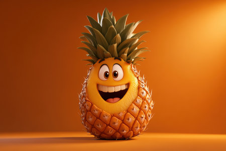 A cheerful pineapple with spiky green leaves stands proudly against a vibrant orange sunset. Its big smile and funny expression radiate happiness in this tropical setting.の素材
