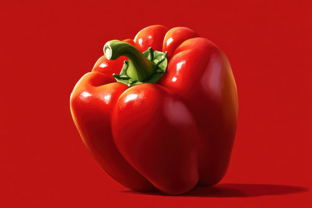 A joyful bell pepper displays an exaggerated round shape and a big toothy smile, shining brightly with glossiness. Its vivid colors pop against a warm red background, spreading cheer and positivity.の素材