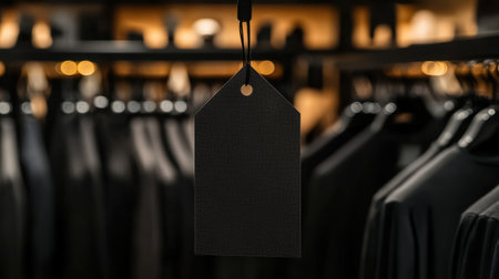 A blank tag hangs prominently in a retail store, set against a soft-focus backdrop of neatly arranged clothing on racks. The atmosphere feels warm and inviting, inviting shoppers to explore.の素材